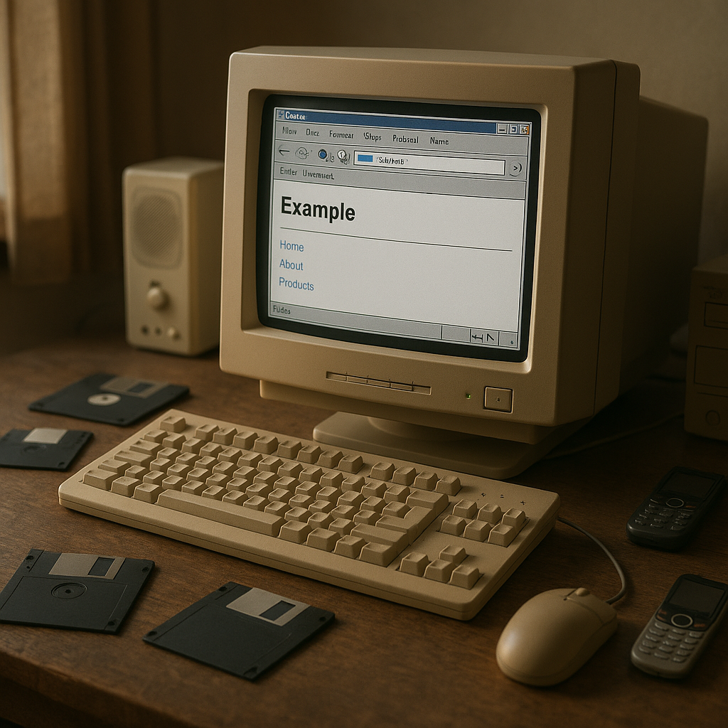 Old computer desk with retro web browser evoking digital nostalgia