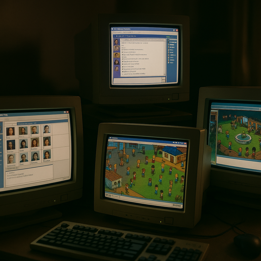 Multiple screens displaying early online communities creating a scene of digital nostalgia