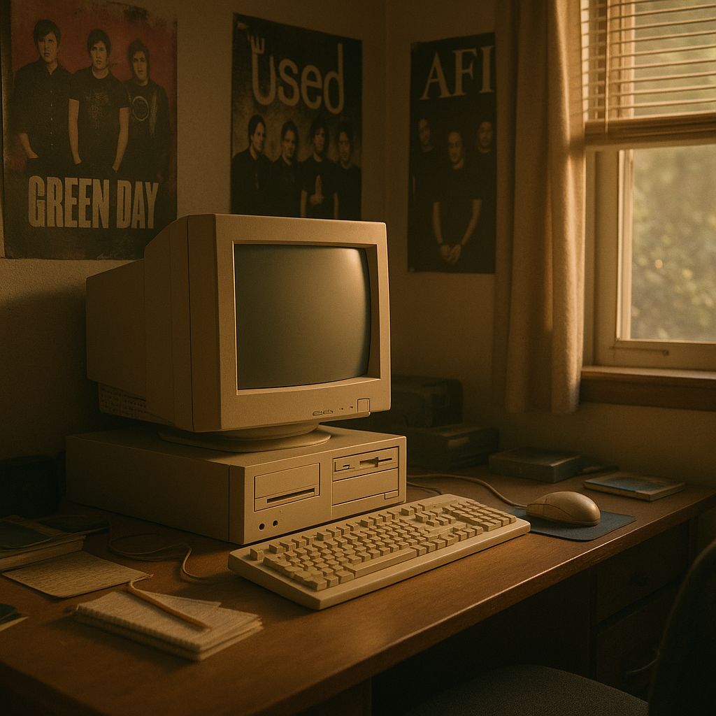 Teenager reminiscing over an old Myspace profile on a vintage computer, capturing social media nostalgia in a bedroom setting