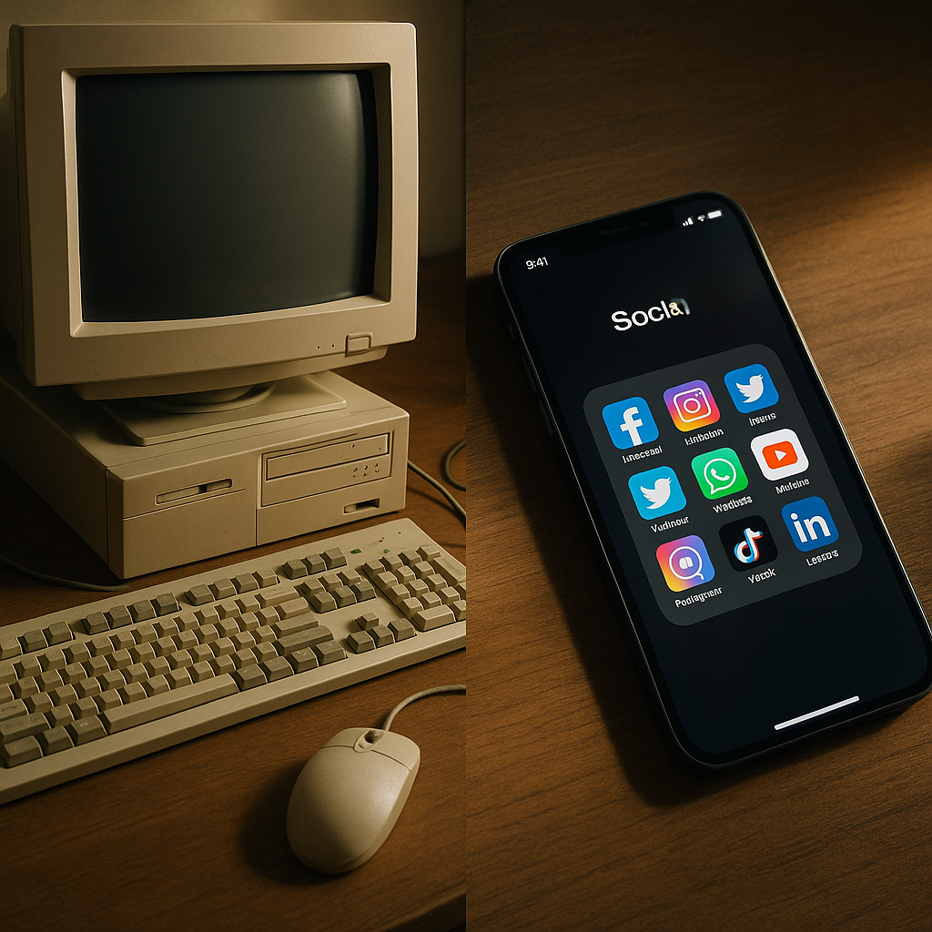 Contrast between early web computers and modern smartphones illustrating social media nostalgia across generations