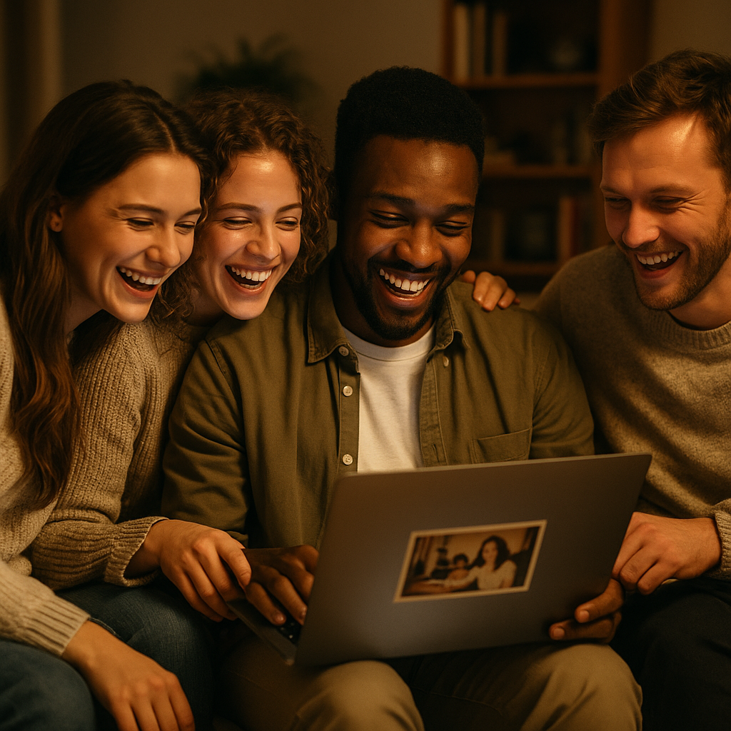 Friends looking at old online photos together and sharing social media nostalgia on a laptop