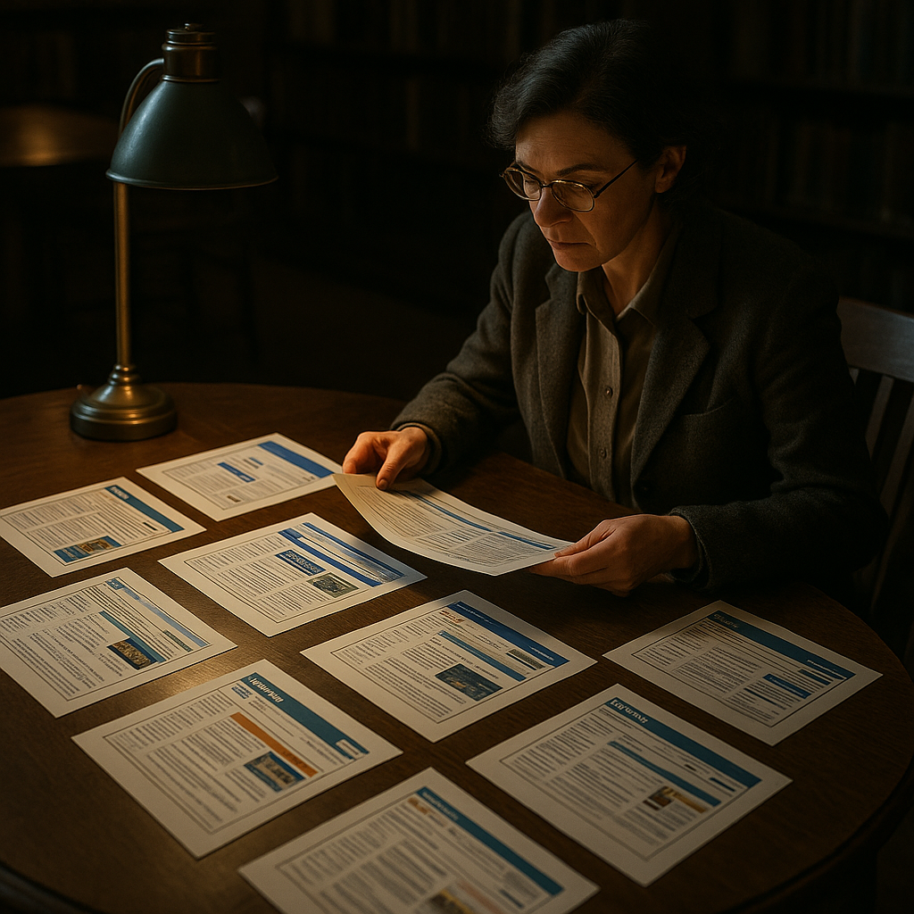 Archivist studying printed screenshots of vintage sites arranged in a circle to understand what were webrings