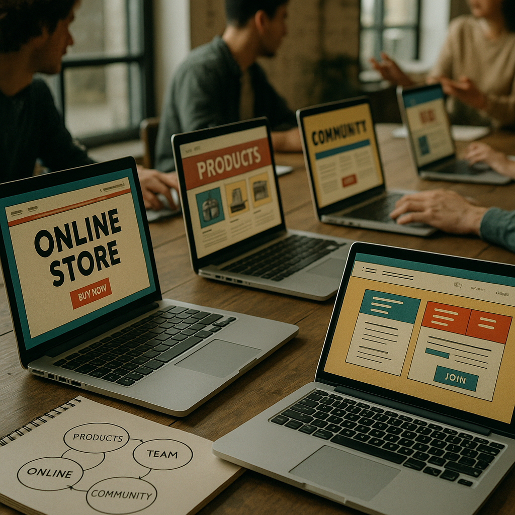 Group researching retro websites linked in a circular diagram to illustrate what were webrings