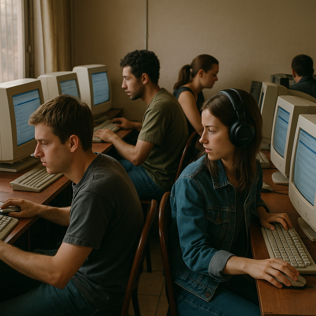 People in an early internet cafe participating in the history of classic message boards