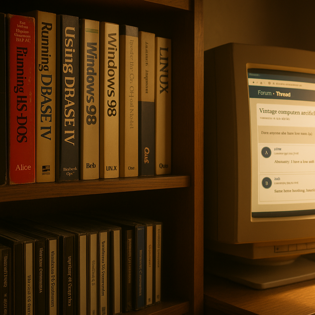 Archival computer corner symbolising the preserved history of classic message boards