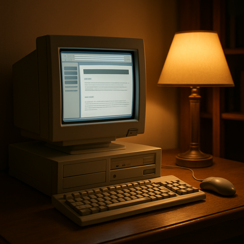 Late 1990s desktop computer displaying an early internet shopping website with a glowing CRT screen