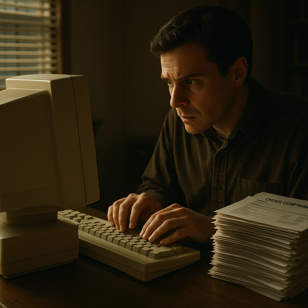 Person typing carefully on an old keyboard during the early internet shopping era in a 1990s home office