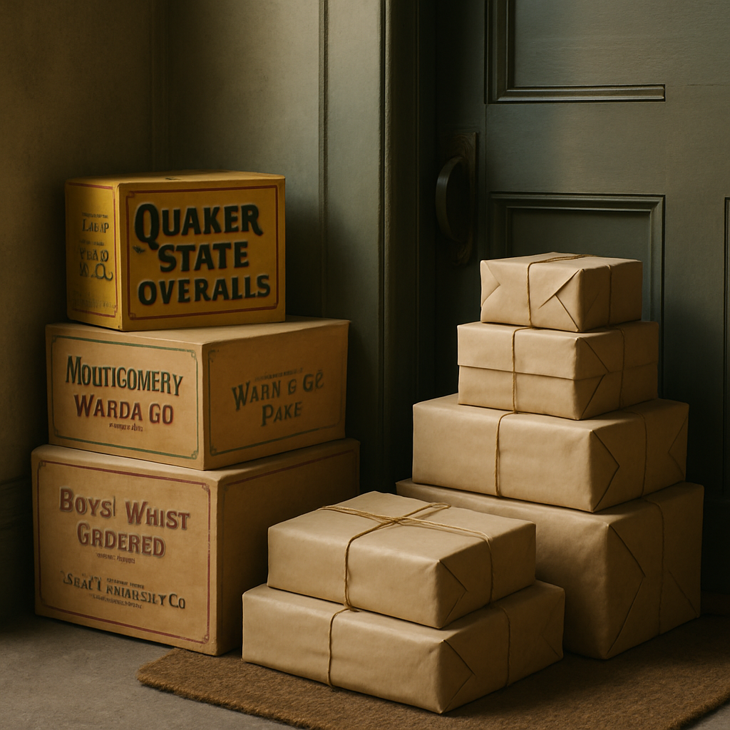 Stacked vintage cardboard parcels by a doorway representing early internet shopping deliveries from the 1990s