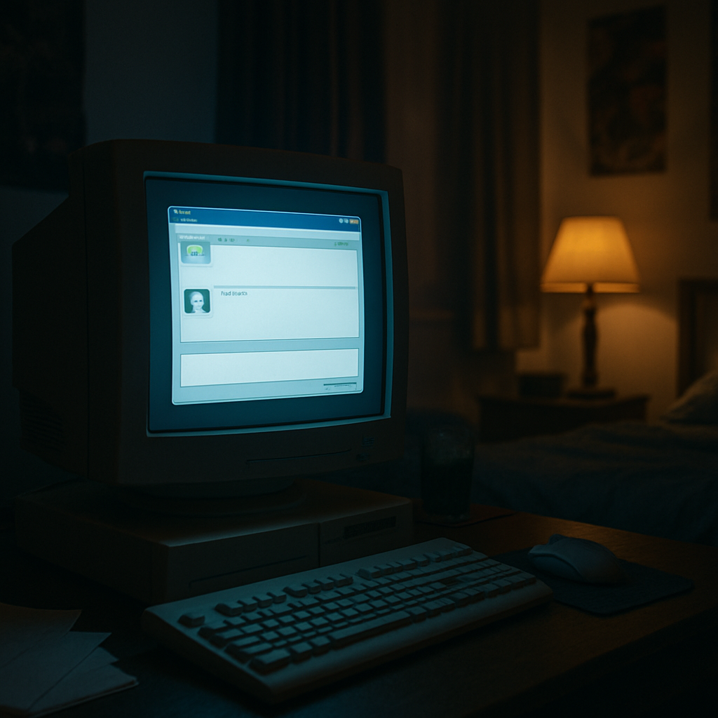 Glowing CRT monitor in a bedroom displaying an early chat window, evoking the history of instant messaging