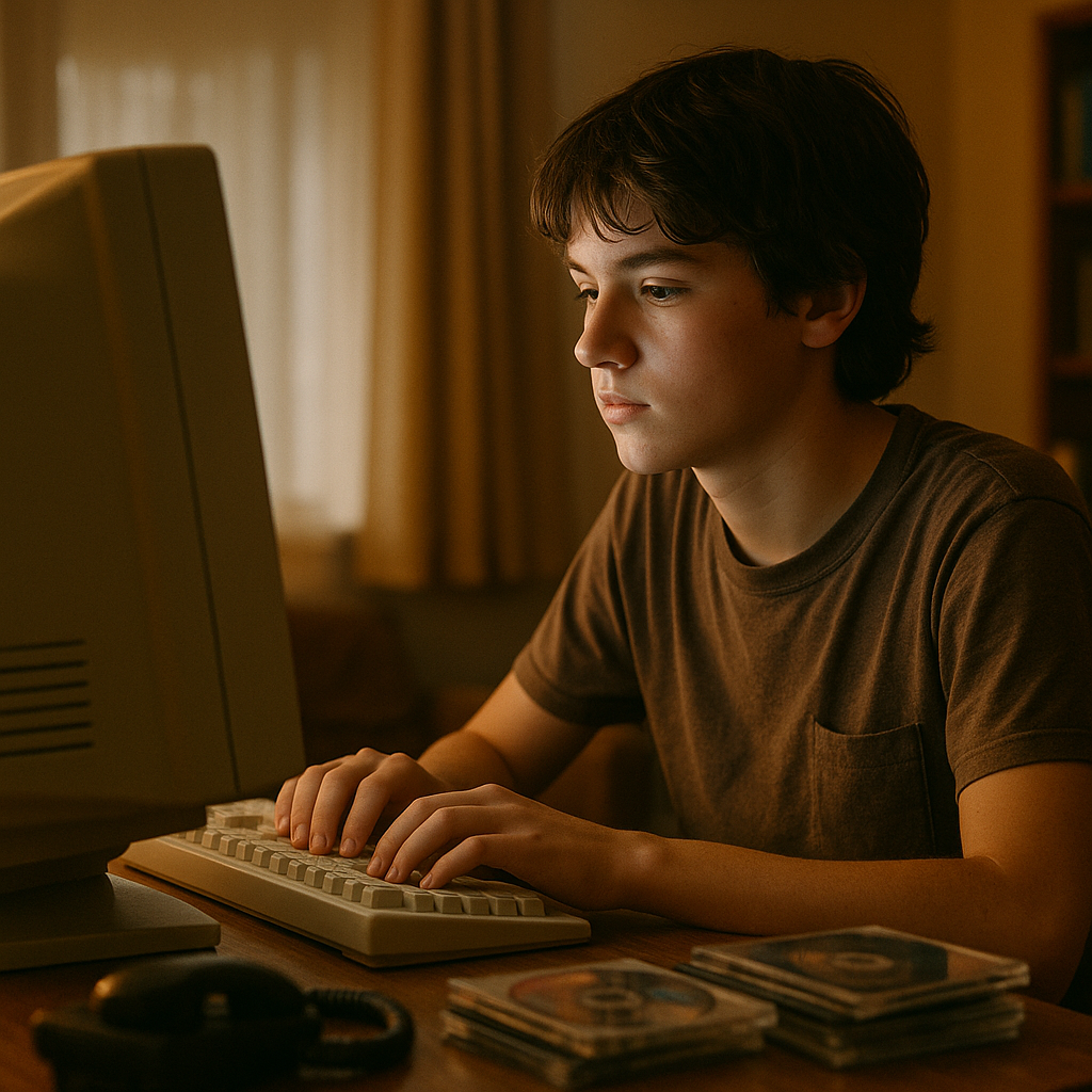 Teenager at a vintage desktop computer capturing the history of instant messaging in the early 2000s