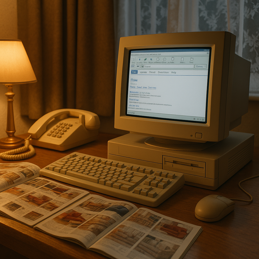 A 1990s CRT computer showing an early web browser, representing the history of e-commerce origins