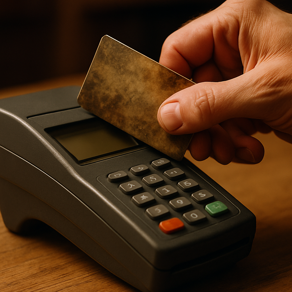 A credit card being used for an early online payment, illustrating the history of e-commerce security