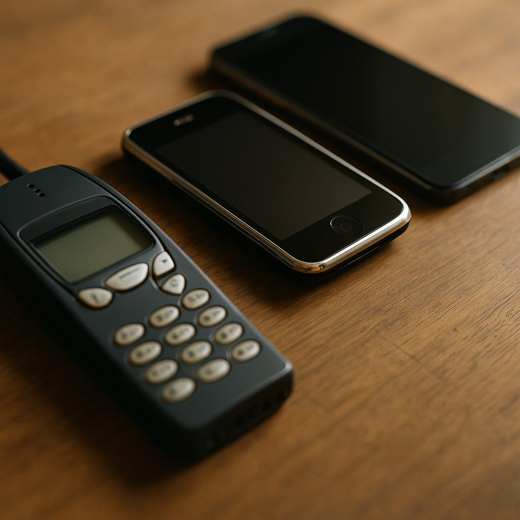 Evolution of mobile phones laid out chronologically, illustrating the hardware timeline of the history of social media