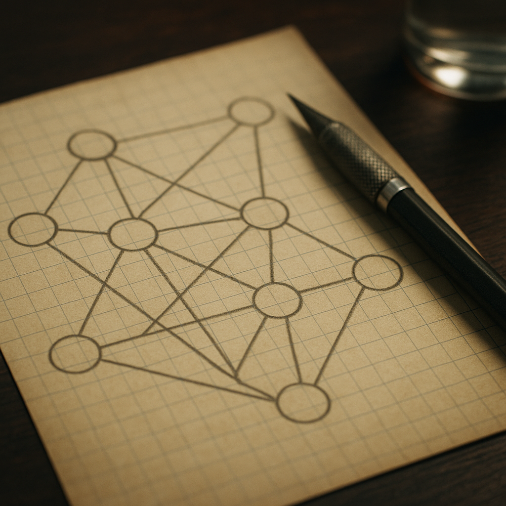 Hand-drawn network node diagram close-up illustrating the packet switching concepts behind what was ARPANET