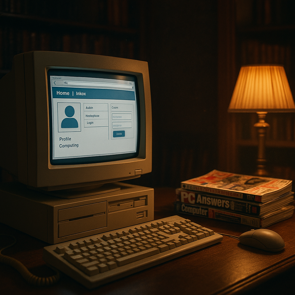 Vintage 1990s computer displaying an early website, representing the history of social media beginnings