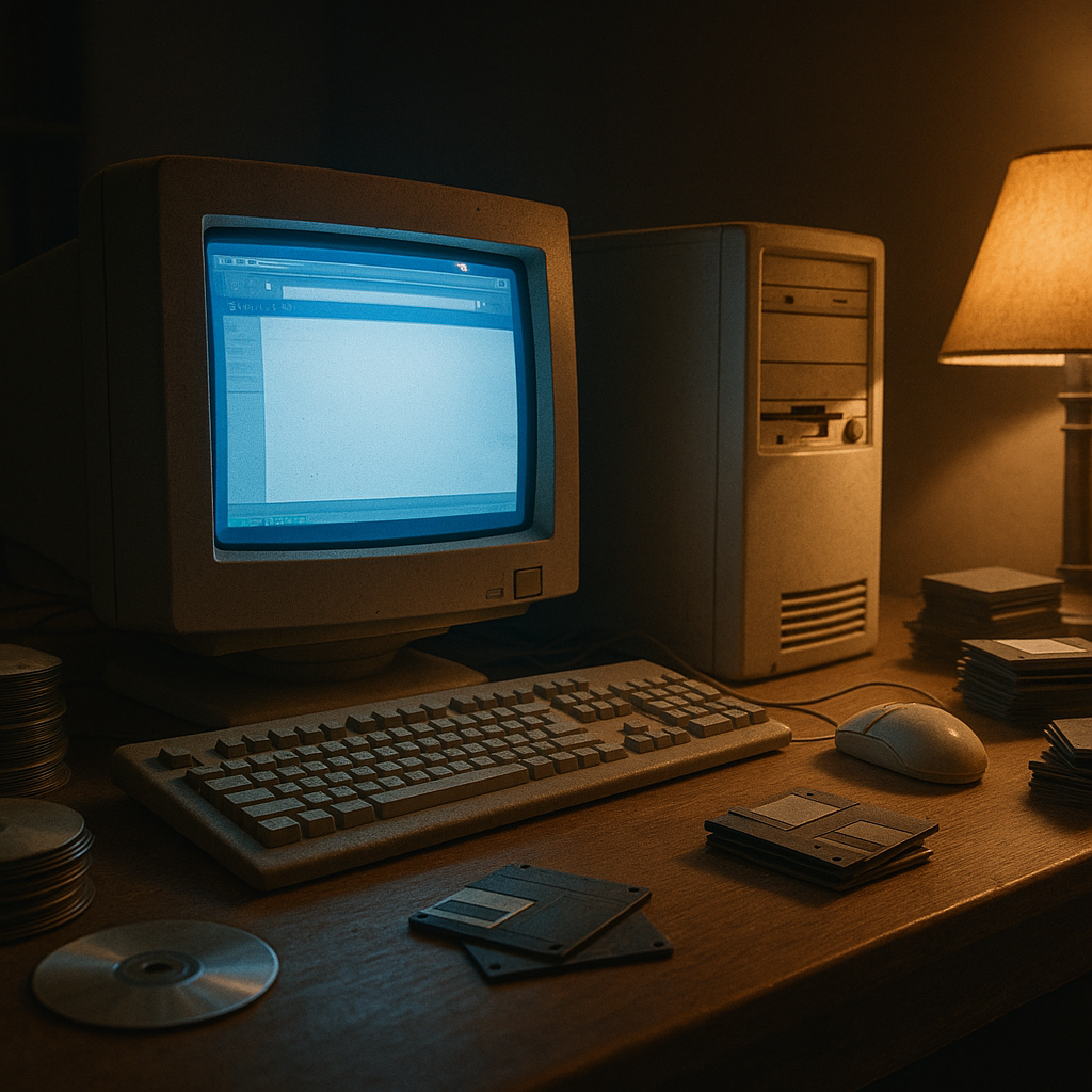 Vintage desktop computer setup evoking the history of Internet Explorer in a dimly lit early 2000s home office