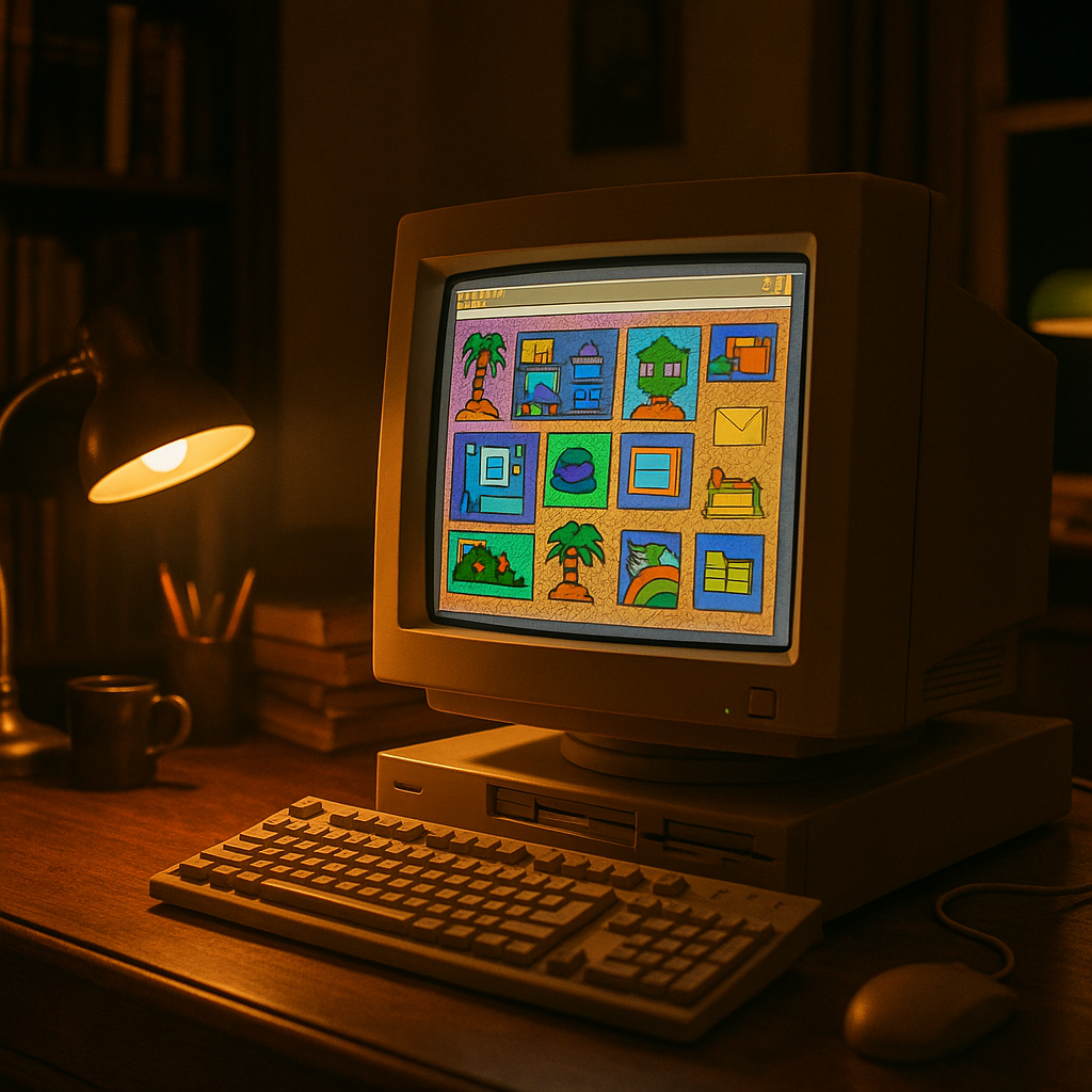 A vintage CRT monitor displaying a colourful early 1990s personal web page, evoking GeoCities history