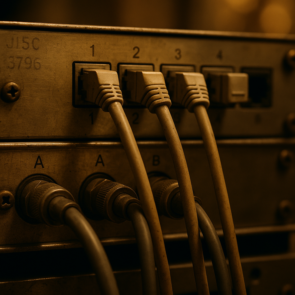 Close-up of early academic network hardware connected to JANET academic network UK internet history infrastructure