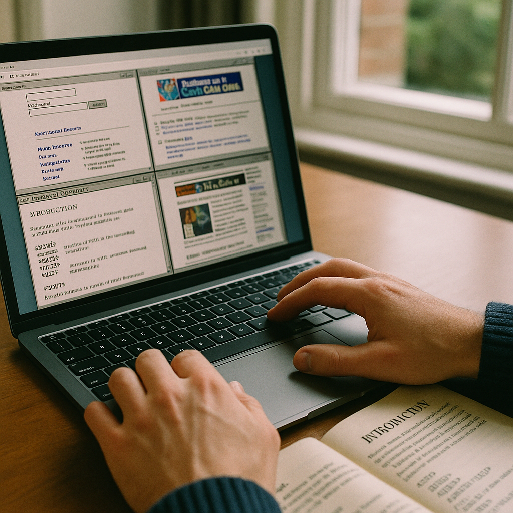 Hands browsing a digital archive of GeoCities history pages on a modern laptop