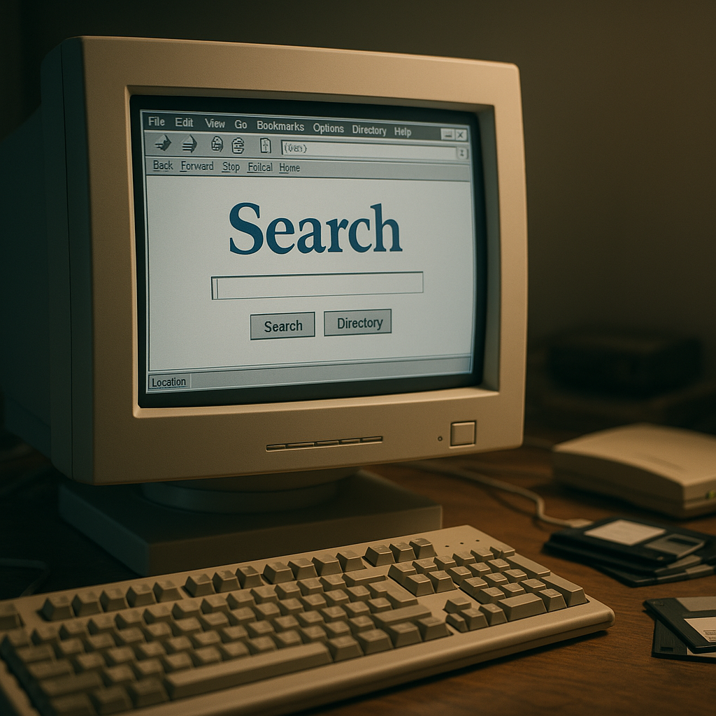 Late 1990s CRT monitor showing a vintage search engine homepage, illustrating search engines before Google