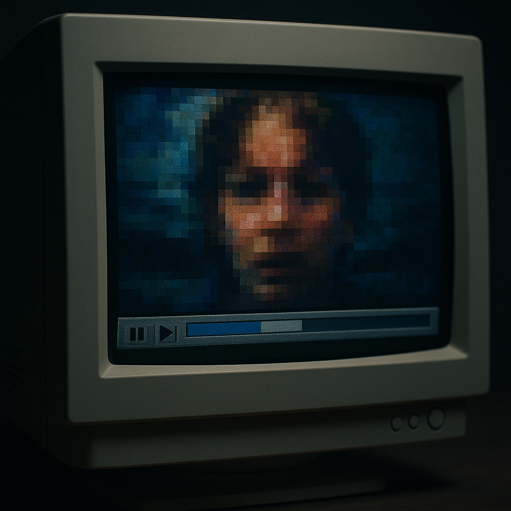 Vintage CRT monitor showing early internet streaming buffering in the dial-up era