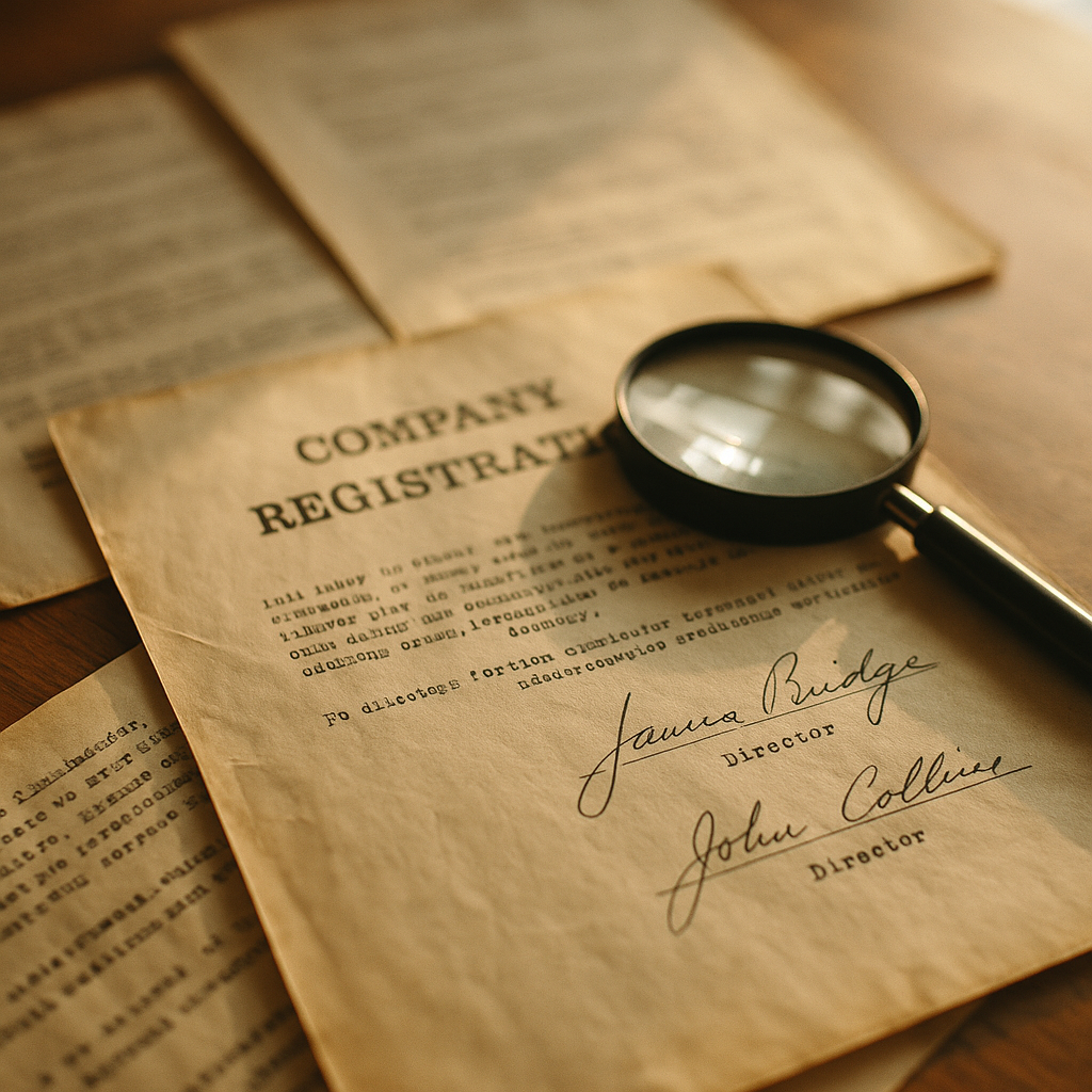 Aged paper company filing documents close-up showing the pre-digitisation era of Companies House records