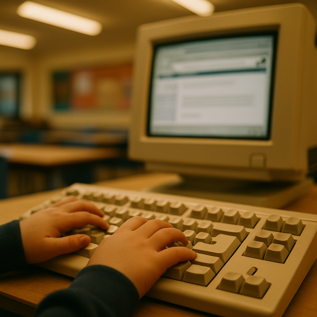 Child typing on a 1990s school computer, part of internet in UK schools history