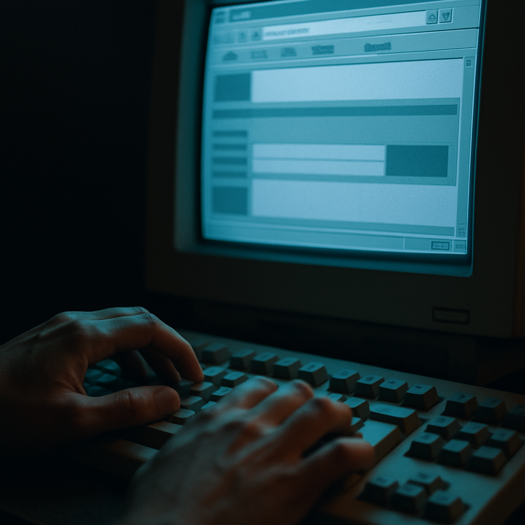 Close-up of a late 1990s computer screen and keyboard representing the history of search engines