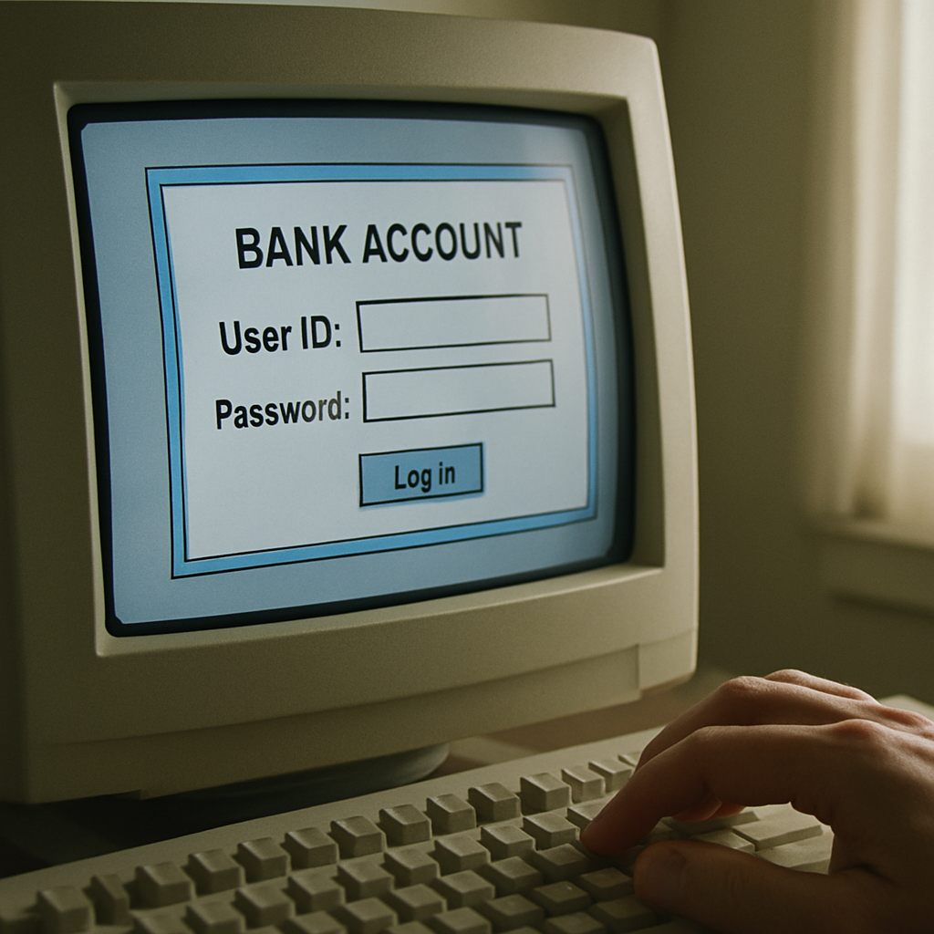Close-up of a late 1990s internet banking login page on a CRT monitor, illustrating the history of online banking UK First Direct Egg period