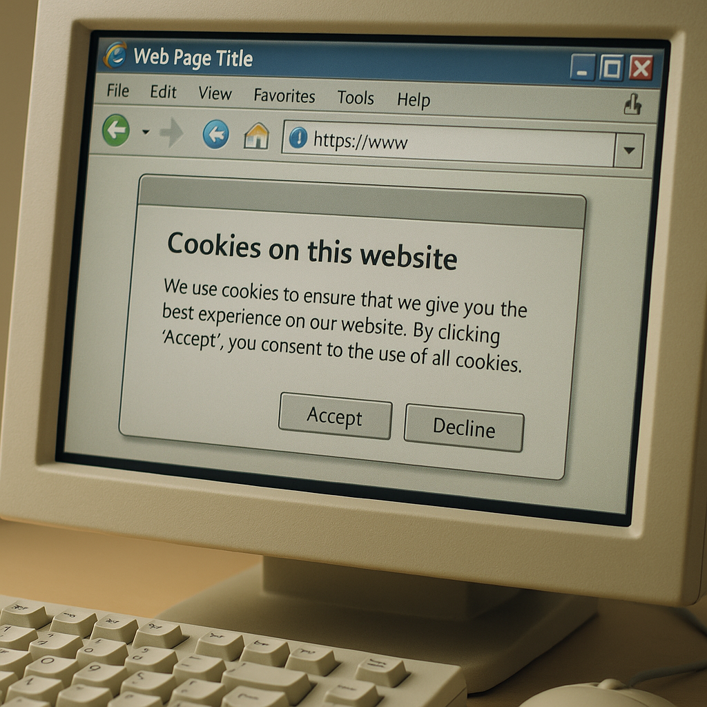 Early 2000s computer screen showing a cookie dialogue box, representing the history of online privacy and web tracking