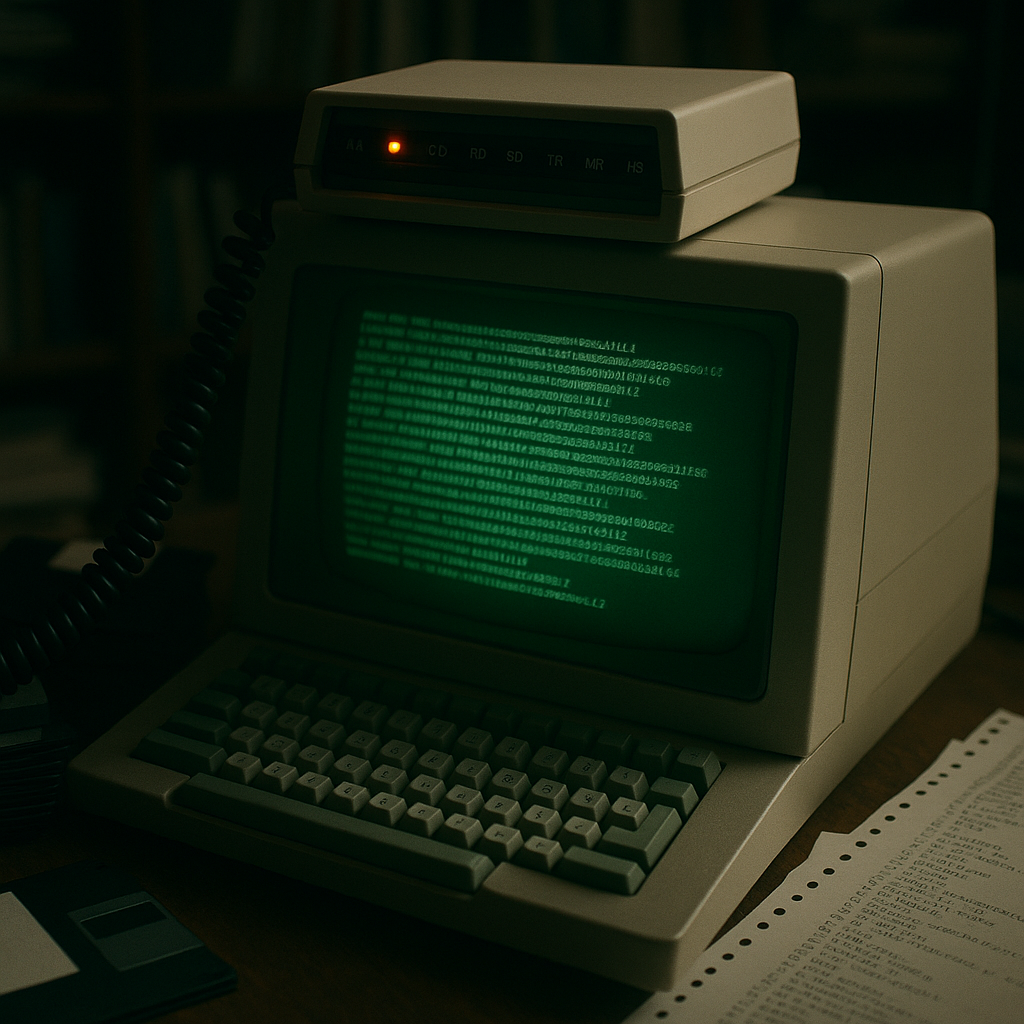 Early modem and terminal used by UK games developers in online gaming history experiments