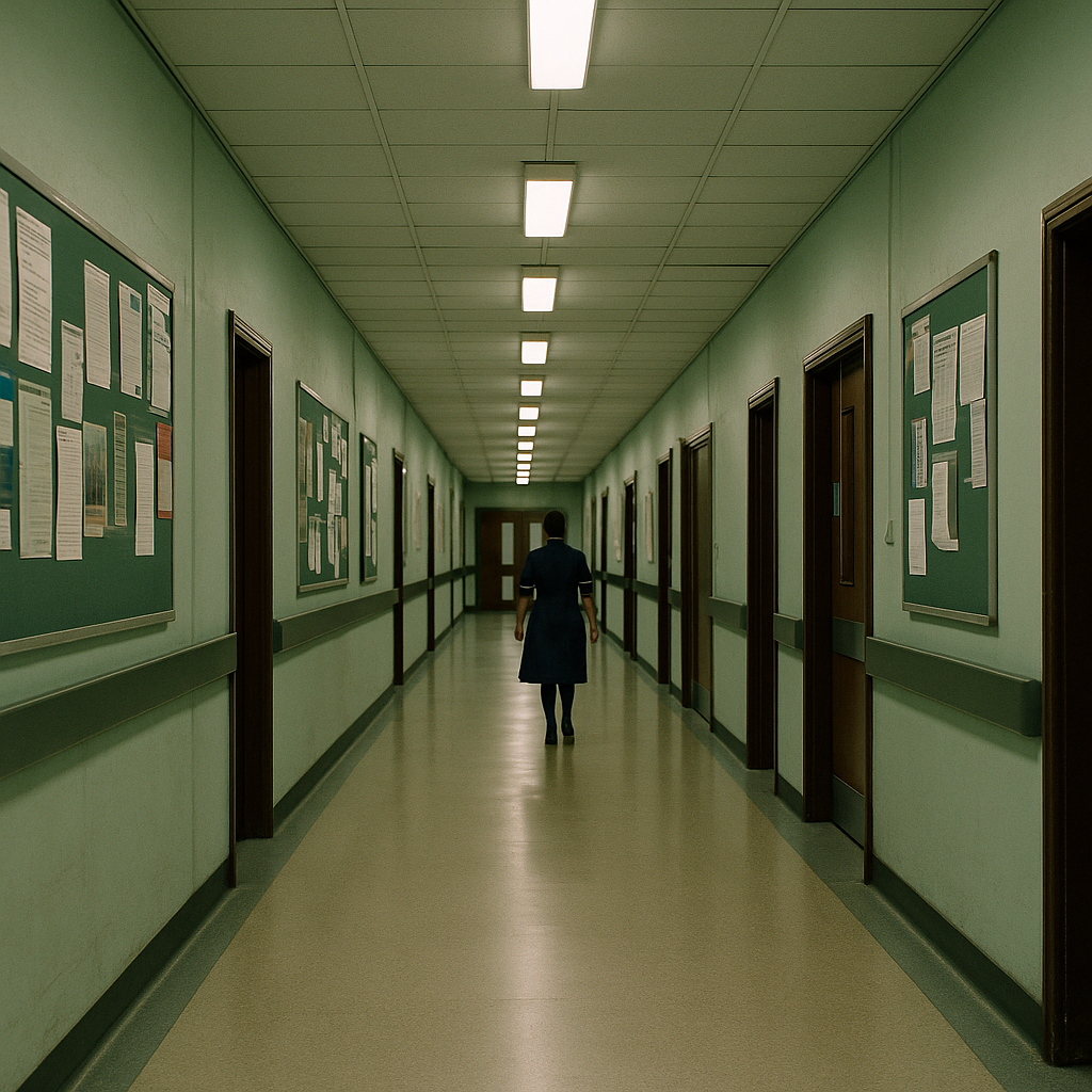 NHS hospital corridor in the early 2000s, representing the era of the NHS national programme for IT history NPfIT