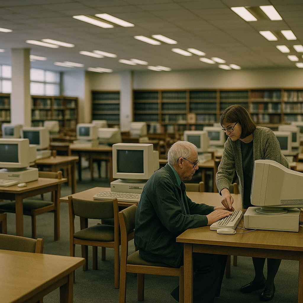 A British public library interior with early internet terminals, illustrating internet in public libraries UK history