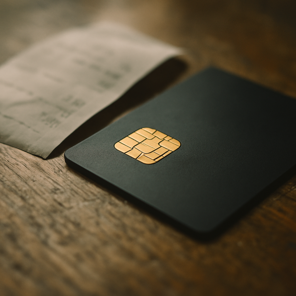 Close-up of a chip-embedded UK bank card representing the chip and pin history UK payments technology