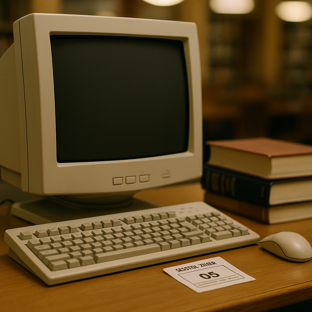 Close-up of an early 2000s public library computer terminal, central to internet in public libraries UK history