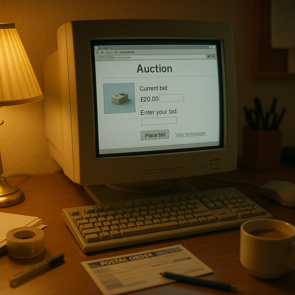 Early 2000s British home computer showing an online auction page, representing eBay UK history and online auctions