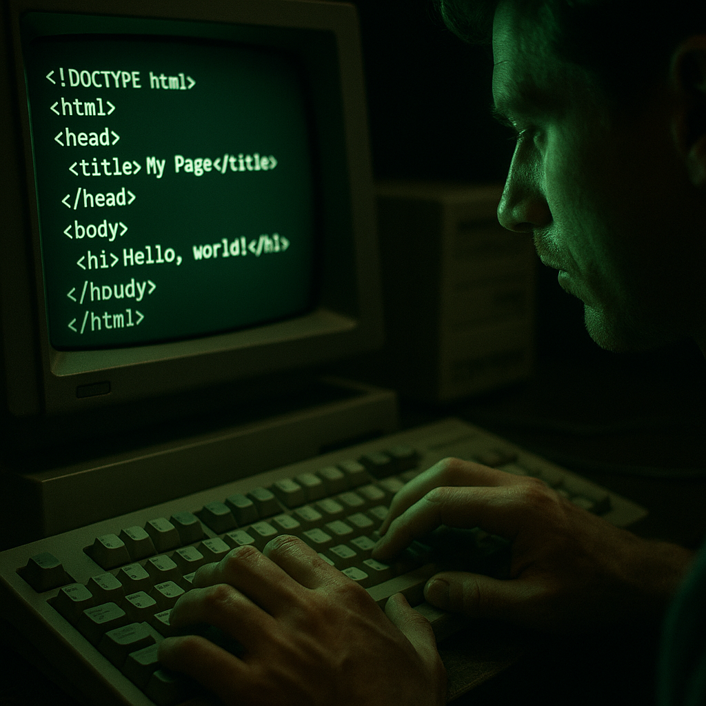 Journalist hand-coding early web pages, detail shot related to BBC website history bbc.co.uk