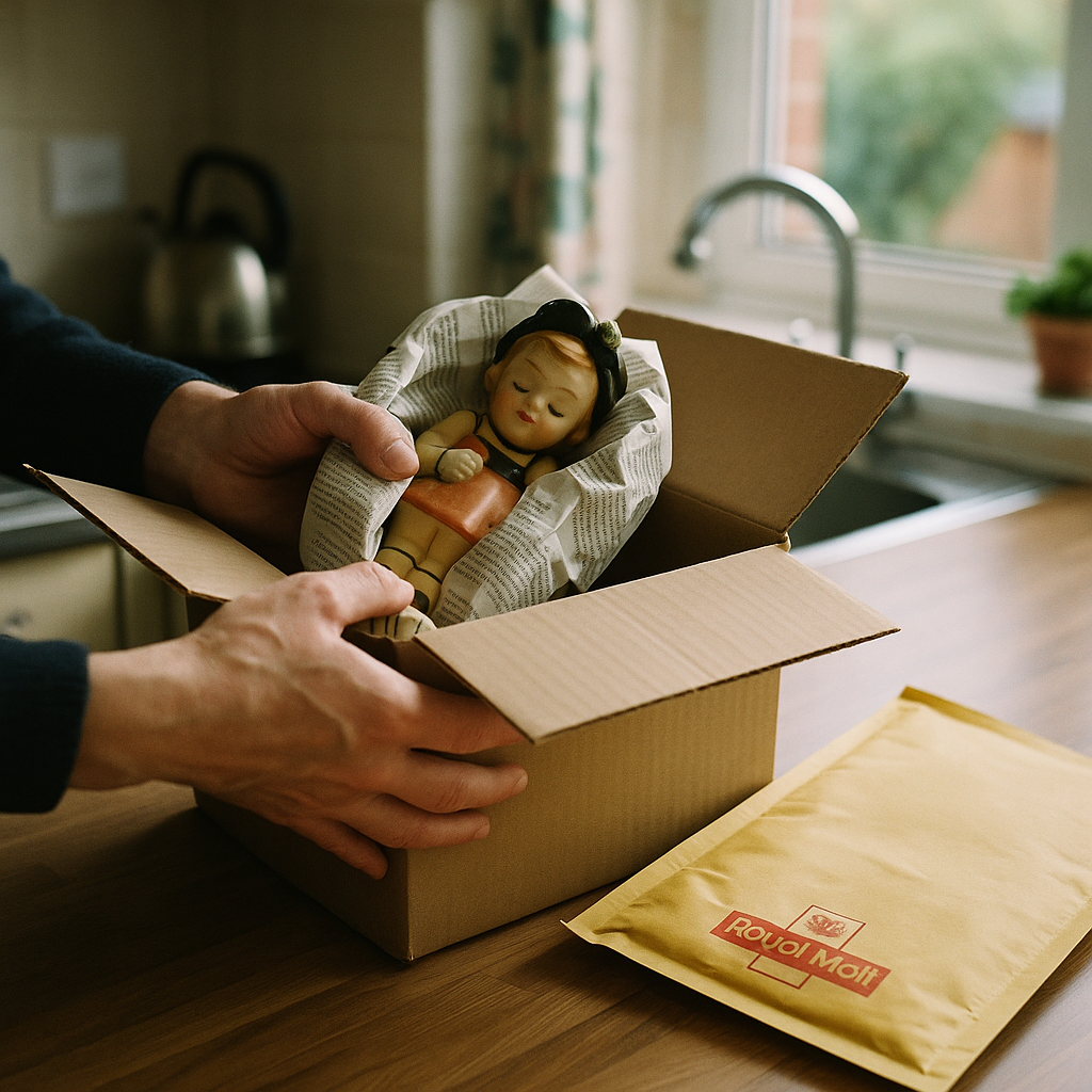 Vintage collectible being packed for posting, detail image relating to eBay UK history and online auctions