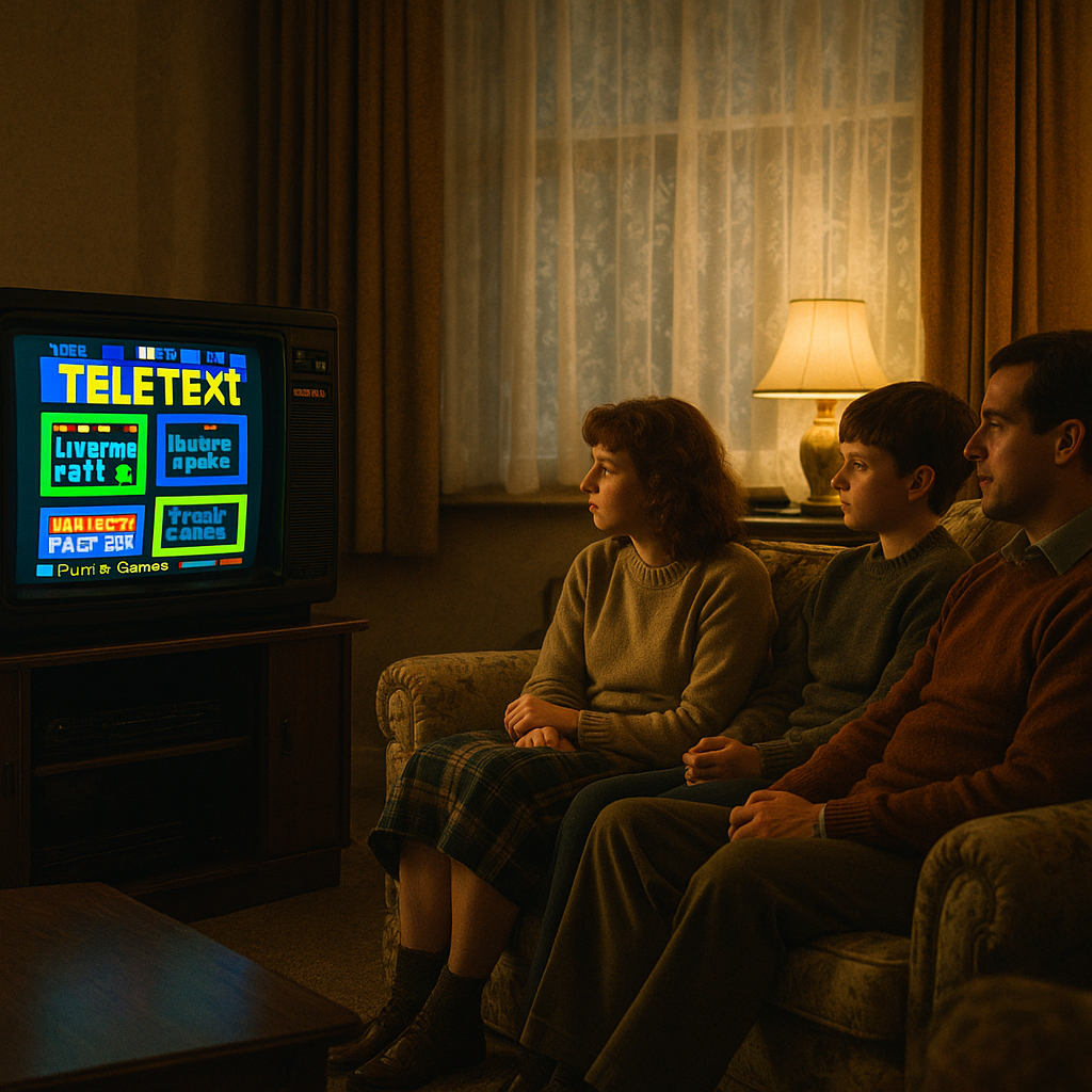 A 1980s British living room with a CRT television showing ceefax teletext history britain pages in bold block graphics
