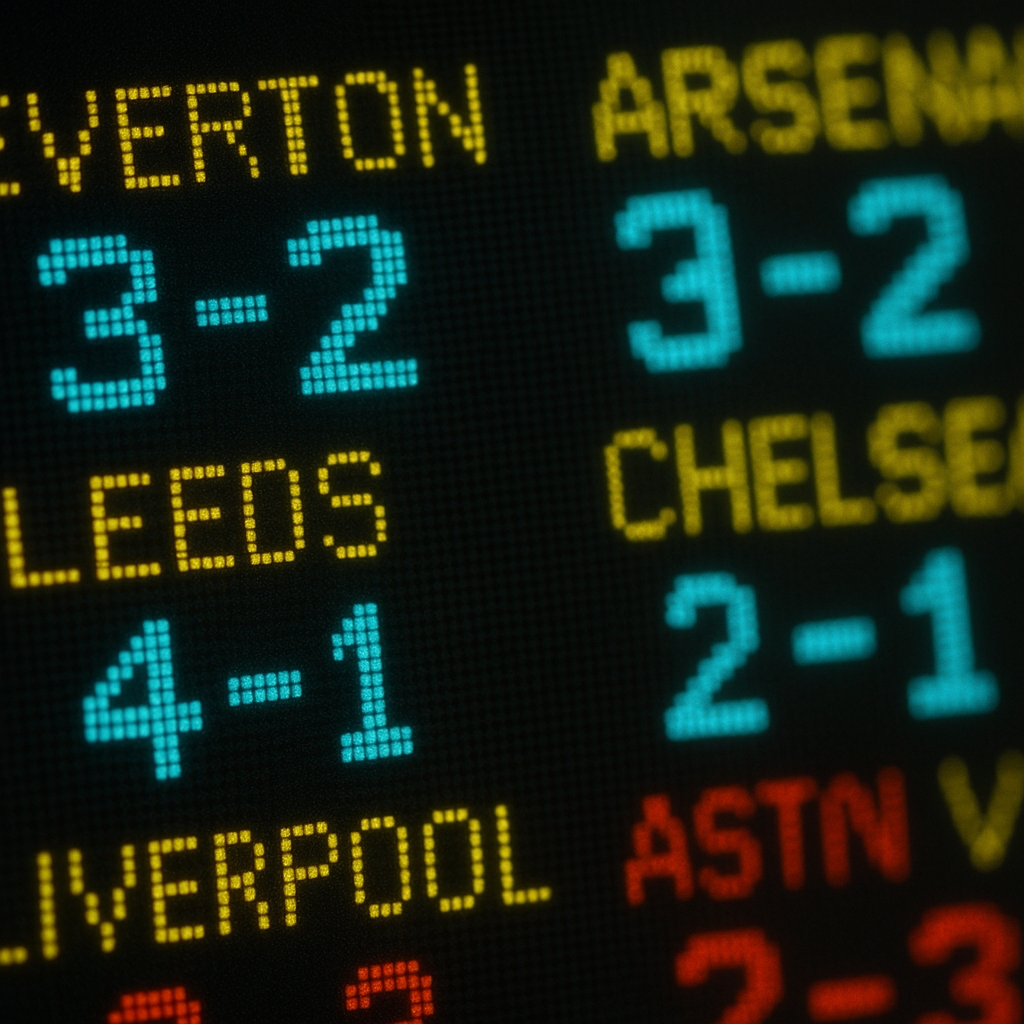 Close-up of a CRT screen displaying ceefax teletext history britain football results in mosaic pixel graphics