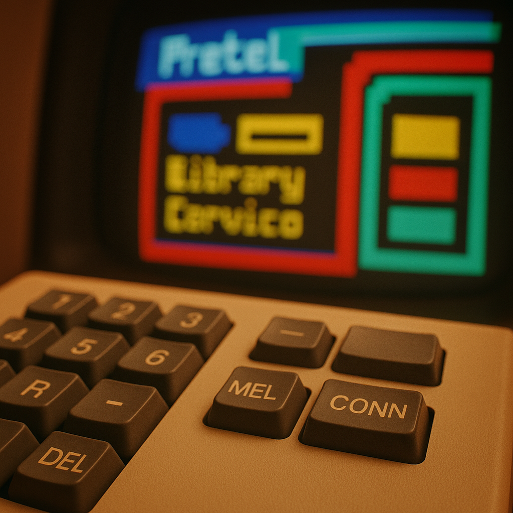 Close-up of a Prestel viewdata terminal keypad and screen showing early interactive pages, central to prestel viewdata history uk
