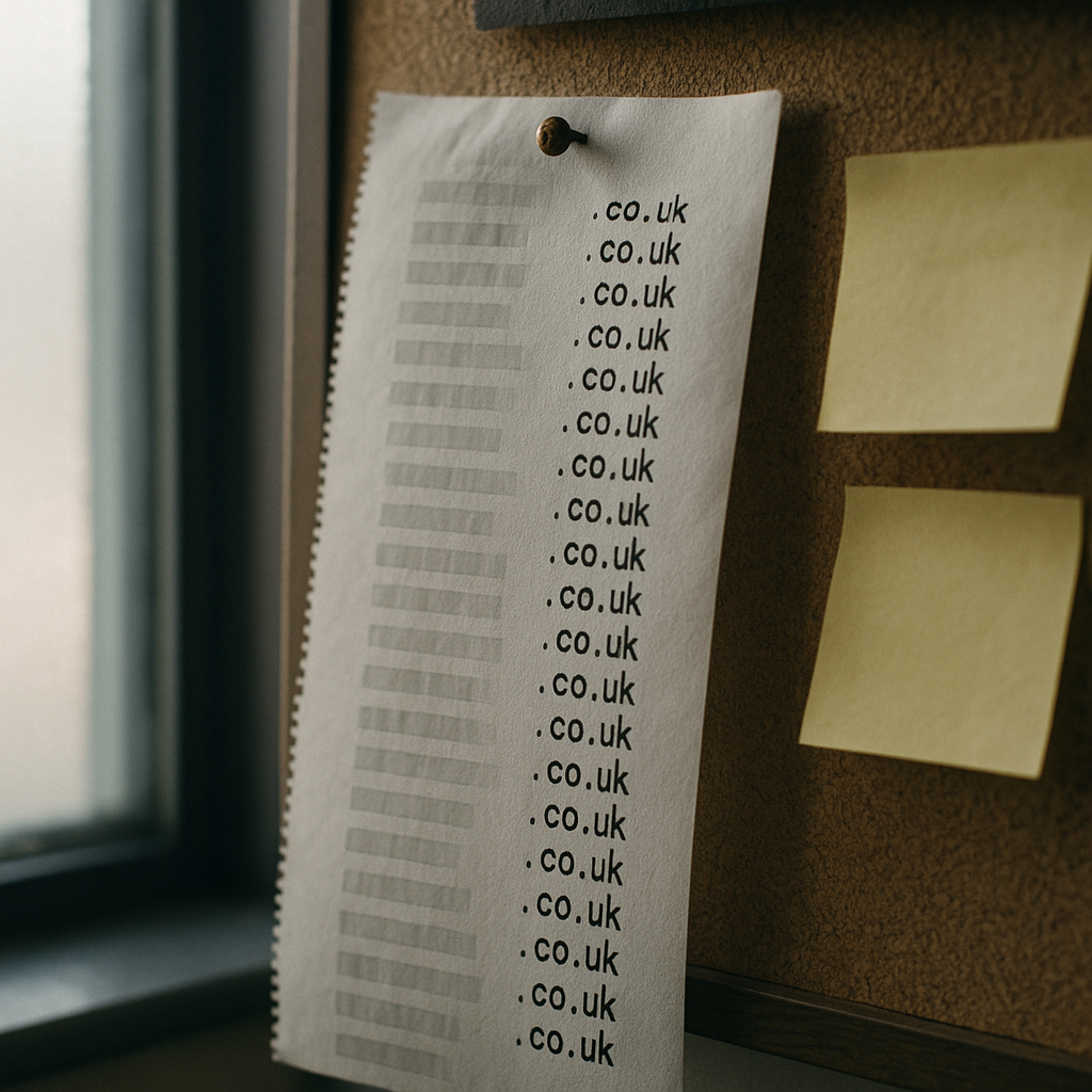 Printed list of early .co.uk domain registrations representing the nominet co.uk domain name history land-grab era